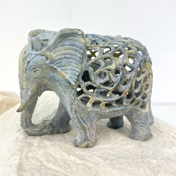 Indian Hand Carved Soapstone Elephant Undercut Double Layered Home Decor